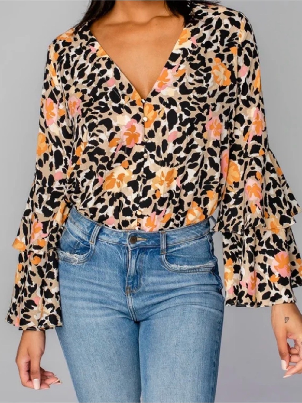 BuddyLove Cheyenne Bell Sleeve Bodysuit featuring a mixed animal and floral M